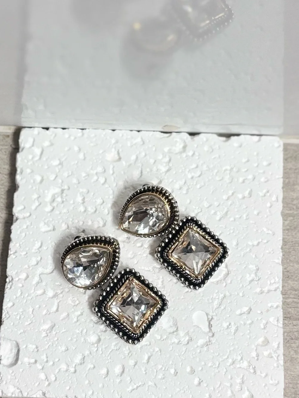 Crystal Drop & Square Statement Earrings - Clear